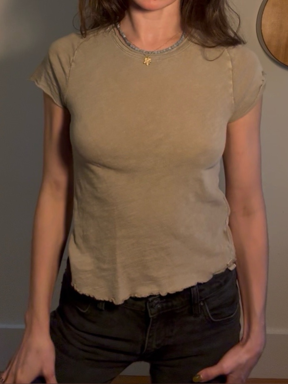 We The Free Free People Be My Baby Tee Lettuce Hem Khaki Olive Cropped XS